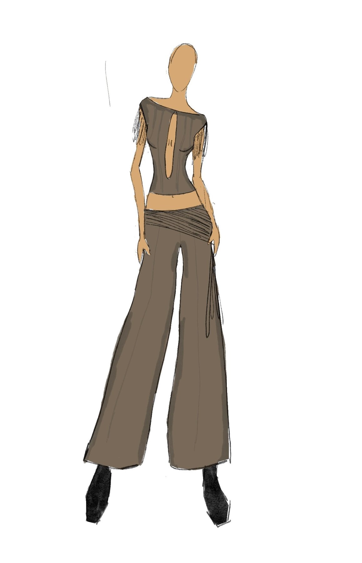 Fashion illustration — brown fringed top and wide-leg trousers