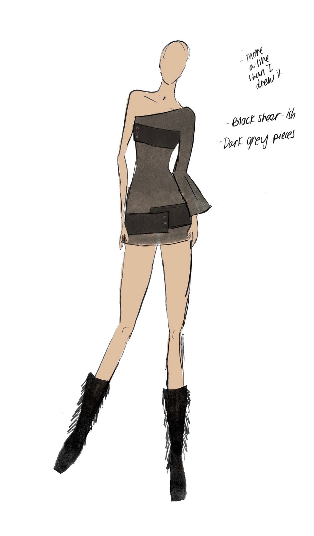 Fashion illustration — strapless grey mini with fringed boots