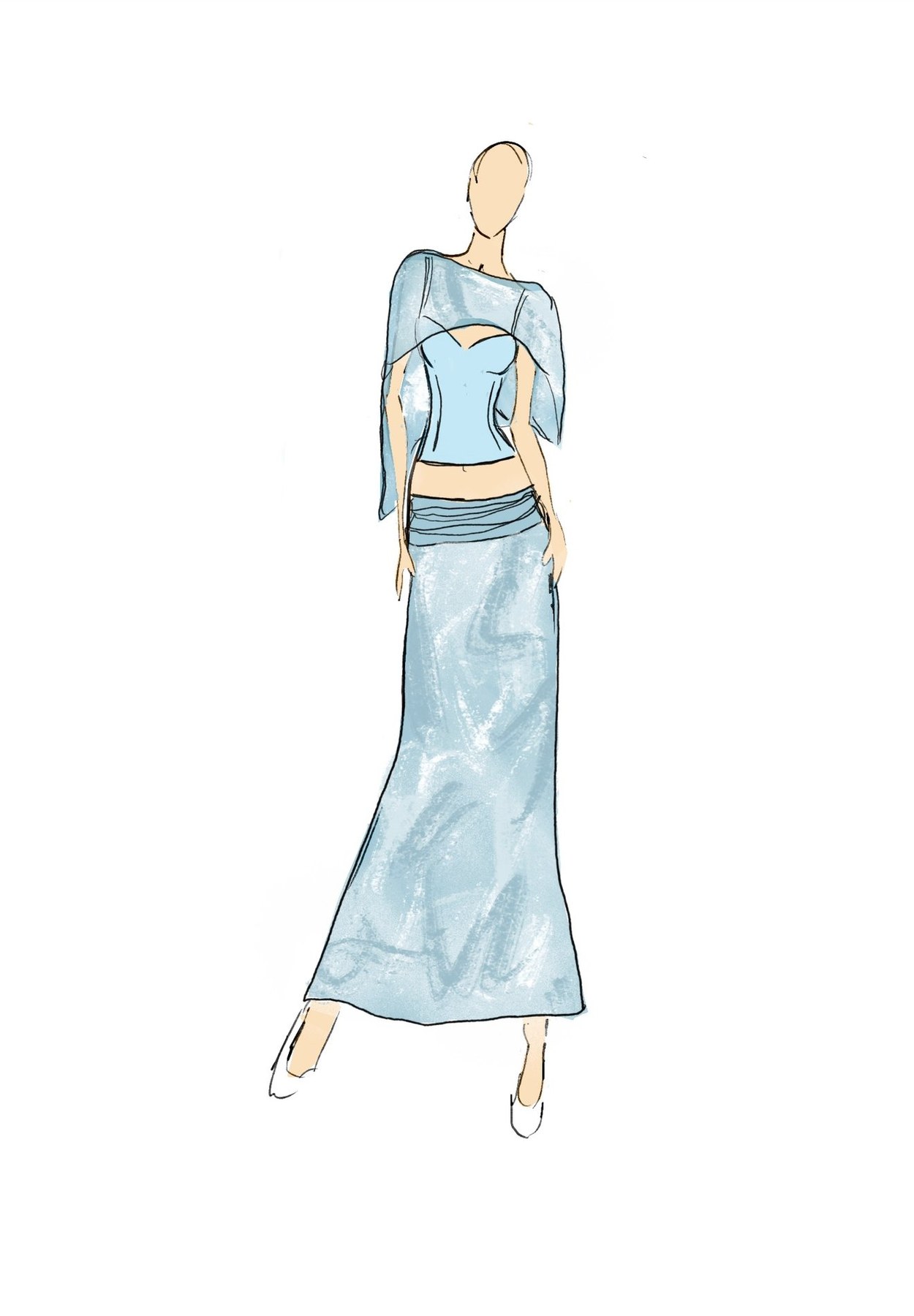 Fashion illustration — pale blue corset with sheer cape and maxi skirt