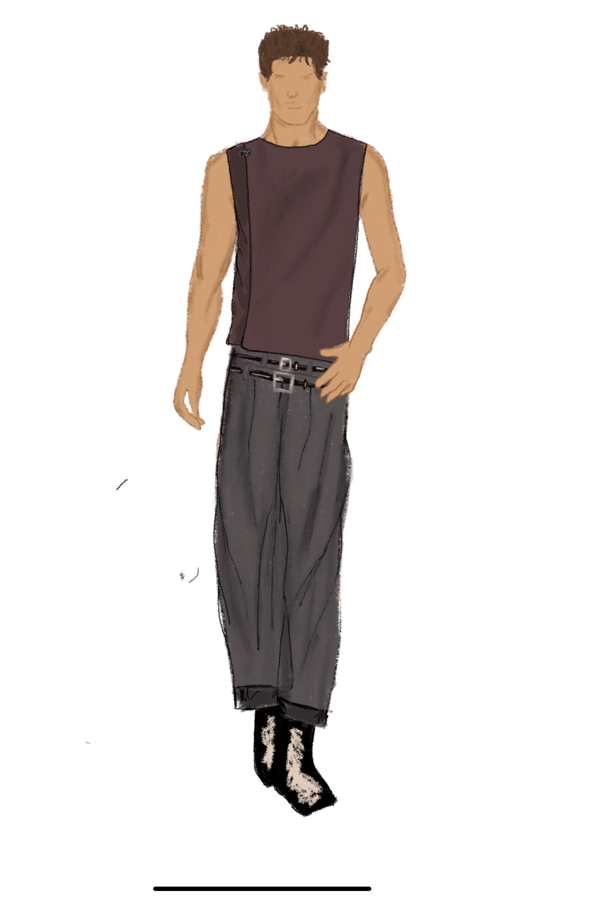 Fashion illustration — menswear, sleeveless aubergine top and wide grey trousers