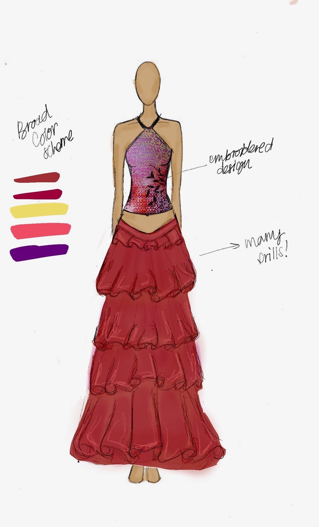 Fashion illustration — red tiered ruffle skirt with embroidered halter
