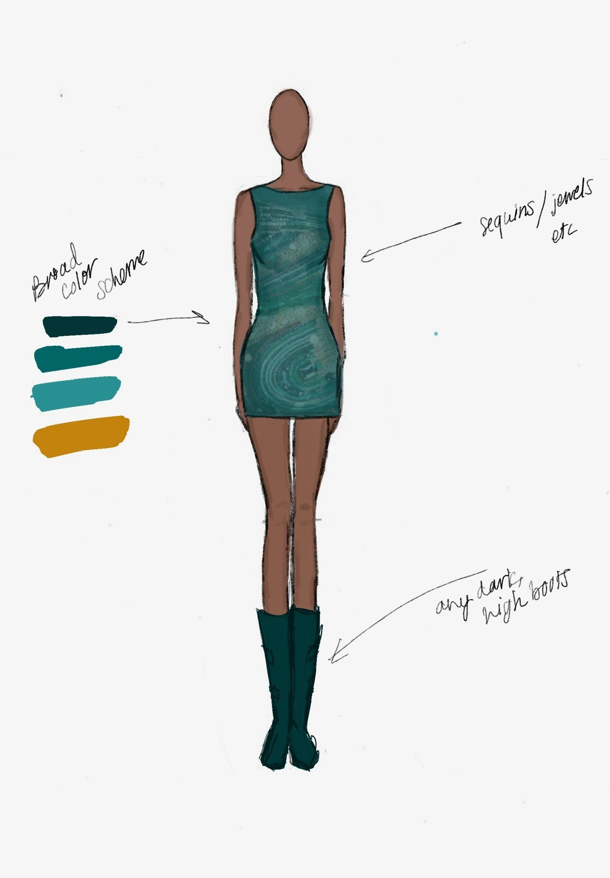 Fashion illustration — teal sequined mini with high boots