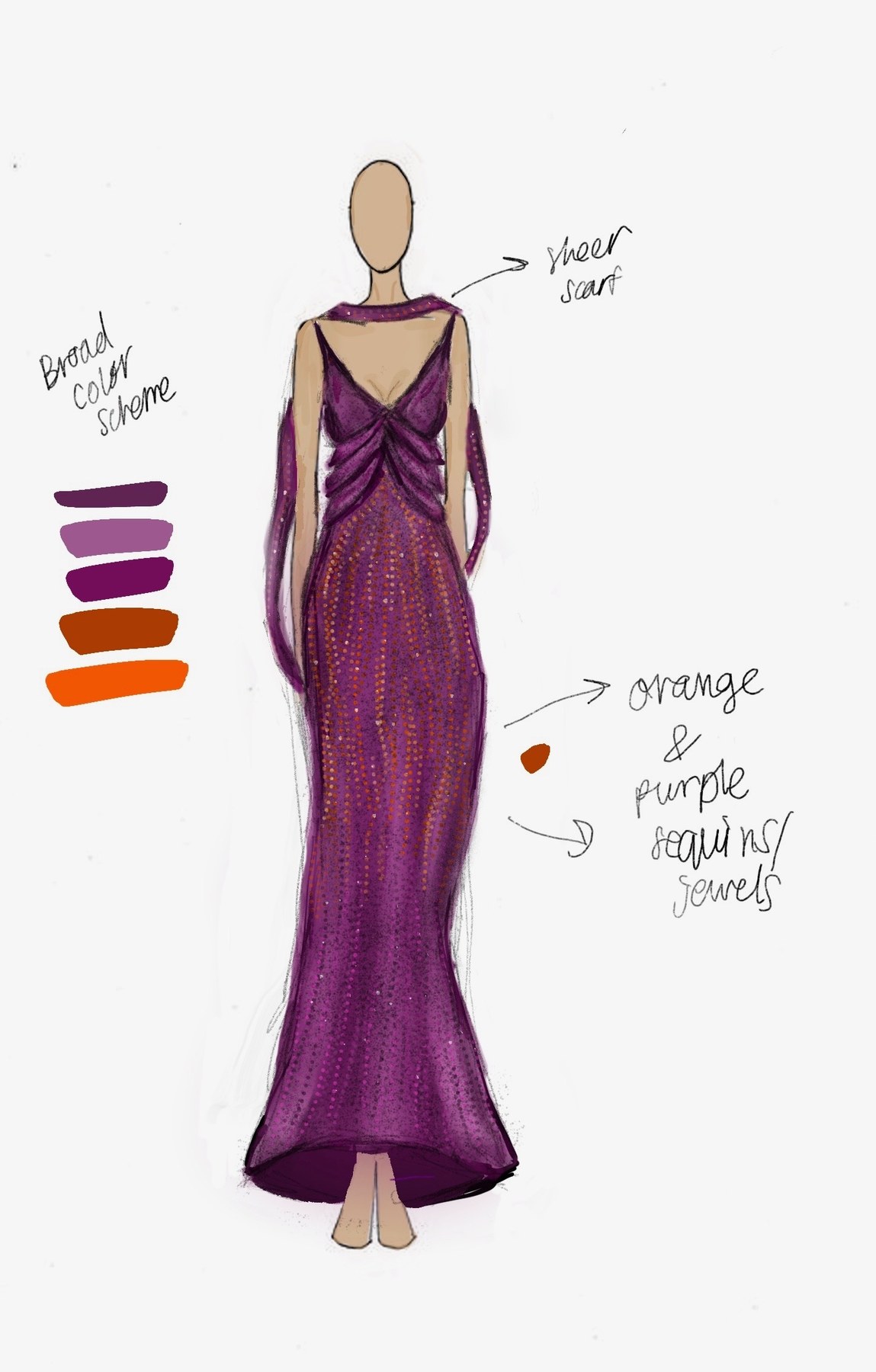 Fashion illustration — purple sequined gown with sheer scarf