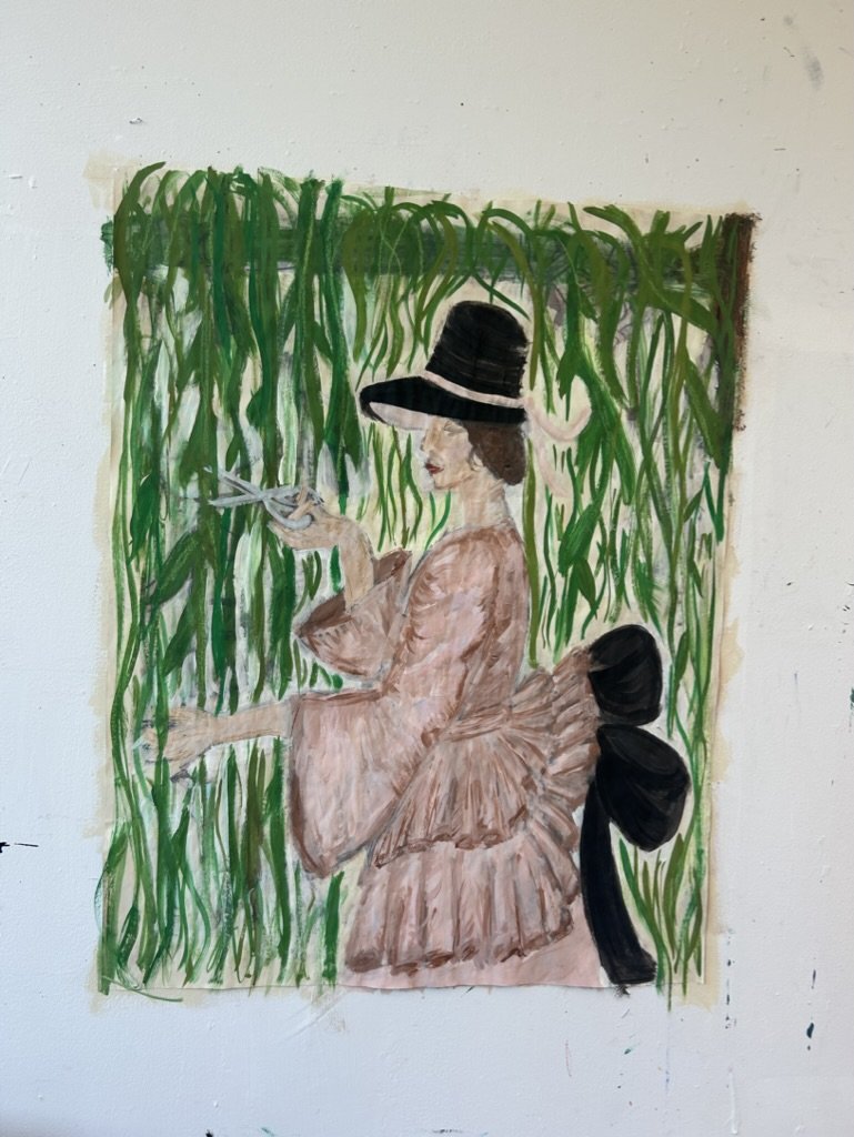 Figurative painting — woman in hat with willow branches
